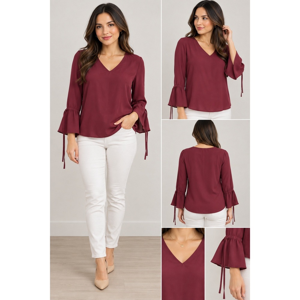 J.Crew Mercantile Burgundy V-Neck Bell Sleeve Tie Blouse Top Size 4